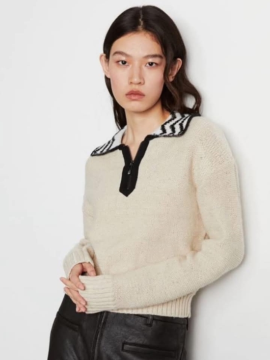 H&M Sweaters - NWT H&M Contrast Striped Collared Zip-Front Polo Sweater In Cream/Black - M